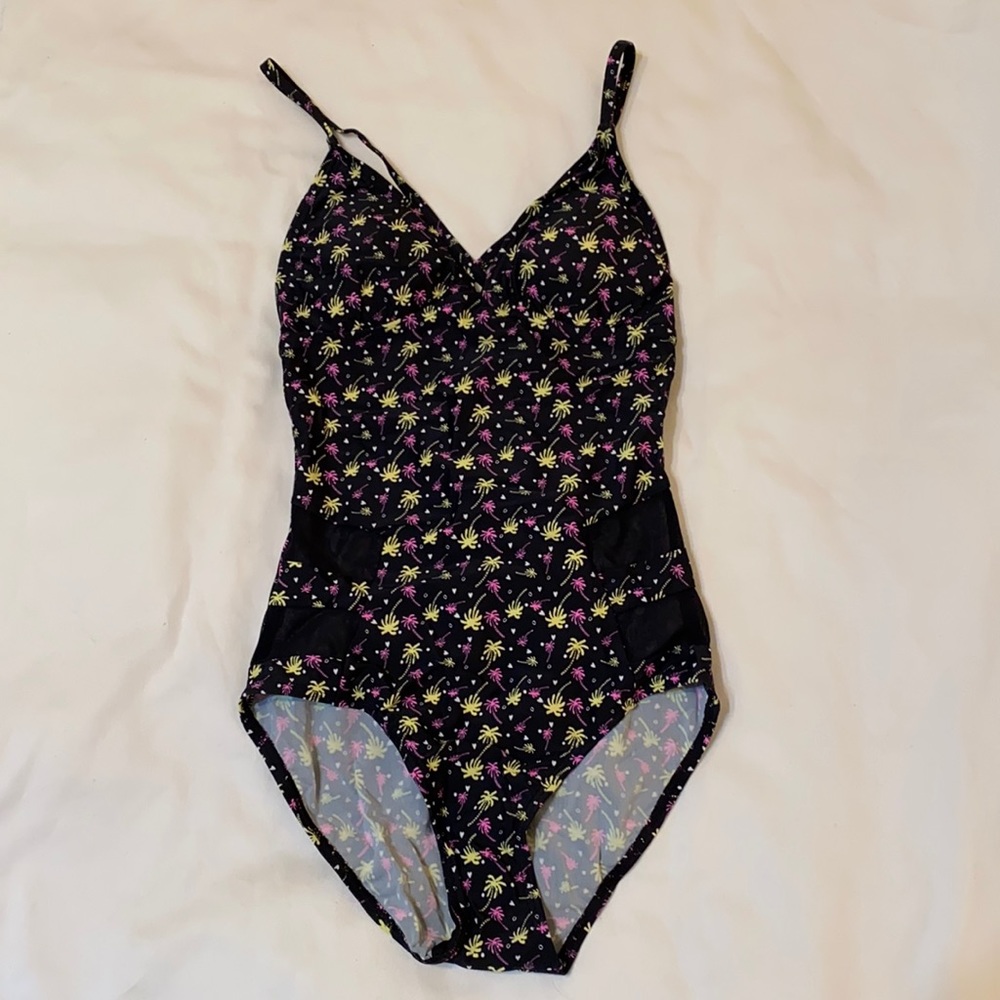 Bawdy Black Palm Tree One Piece Swimsuit, XS